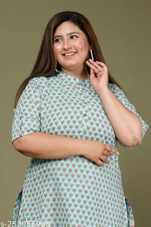 Comfy cotton plus size retro tunics, three-quarter sleeve printed design, India-made women's fashion