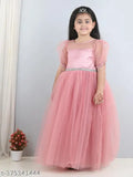Dusty rose net party dress with embellished toy balloon design for kids, short sleeves and full length, India origin
