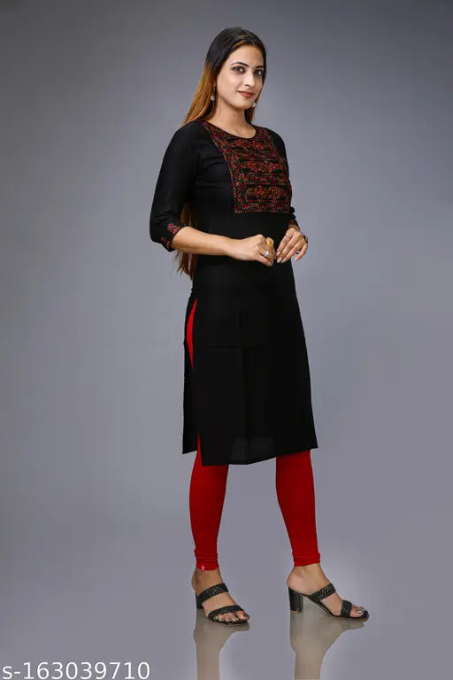 Black Rayon embroidered straight kurti with three-quarter sleeves, solid combo, Indian origin. (M - Bust 38", Length 42"; L - Bust 40", Length 42"; XL - Bust 42", Length 42")