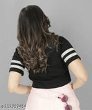 Black cotton blend women's summer crop top, short sleeves, round neck design, perfect for girls