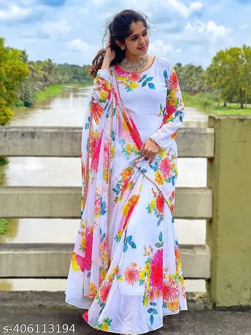 Georgette flower printed long line gown with dupatta set for women's casual partywear or wedding, Indian designer trending fashion, high quality fabric