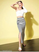 Black cotton-blend striped print A-line long skirt for women, casual and partywear-friendly