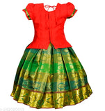Handmade traditional grand pattu Pavadai for kids, embellished lehenga with short sleeves and heavy stone work, cotton fabric, India origin