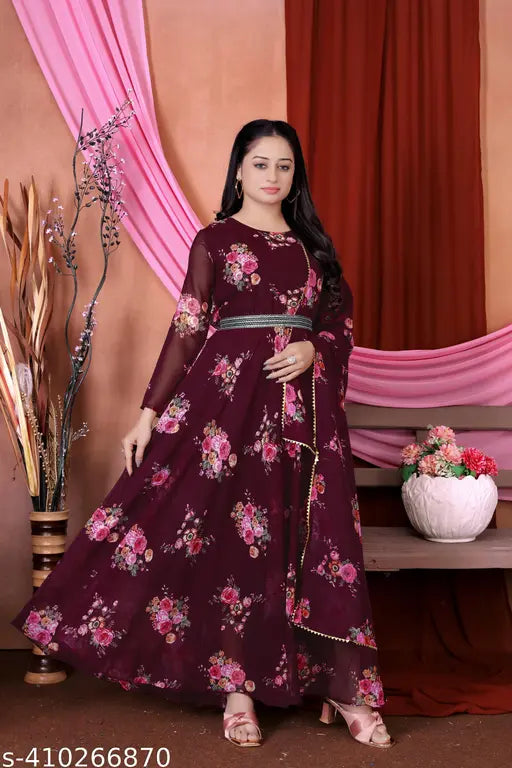 Floral-printed Georgette long-sleeve women's gown for formal events, hand wash, India origin