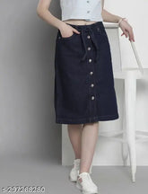 Solid denim knee-length skirt, size options: 28, 30, 32, 34, 36, 38, 40. Indian-made denim apparel