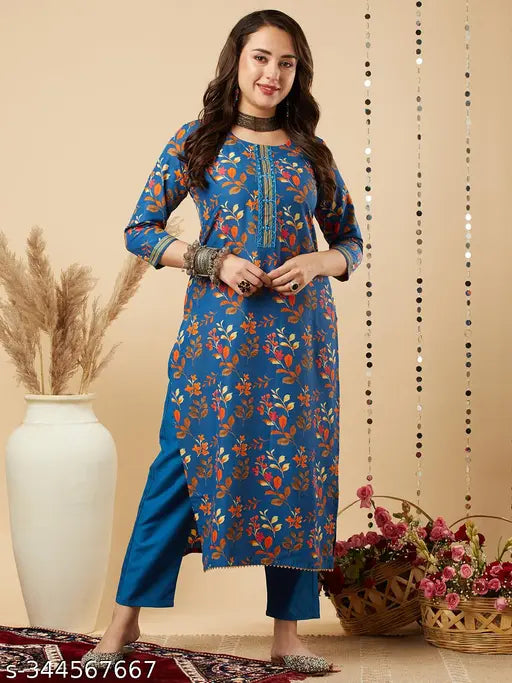 Blue cotton blend floral printed straight kurta with trousers and dupatta - Indian women's fashion attire, three-quarter sleeves, stitched net fabric