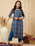 Blue cotton blend floral printed straight kurta with trousers and dupatta - Indian women's fashion attire, three-quarter sleeves, stitched net fabric