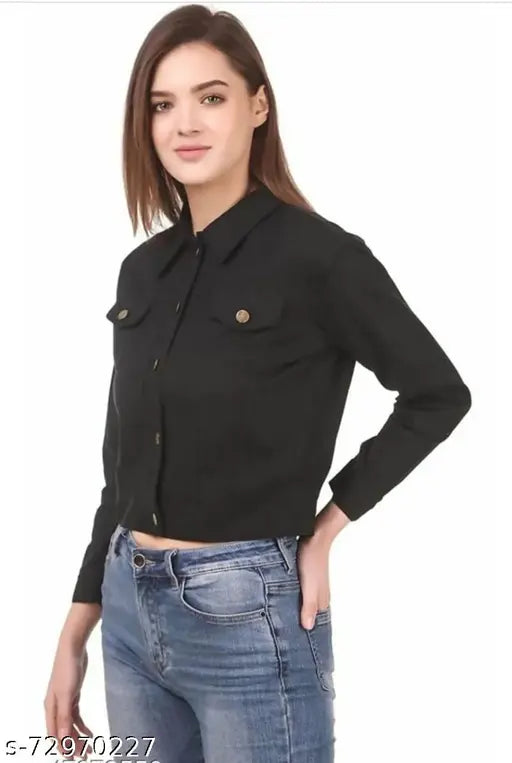 Trendy black denim jacket, solid cotton blend for women, three-quarter sleeves