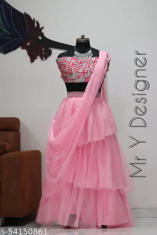 Art Silk and Net Lehenga set, semi-stitched with ethnic motif top and solid dupatta
