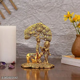 Golden metal Krishna Ji with cow and calf standing under tree playing flute showpiece, handmade and hand-painted decor item (15cm height)