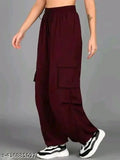 Solid polyester cargo pants for women & girls, perfect for casual wear or play, available in sizes 26, 28, 30, 32 (Made in India)