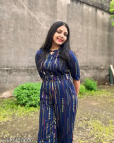 Rayon printed women's casual jumpsuit, three-quarter sleeves, vibrant color for an elegant look