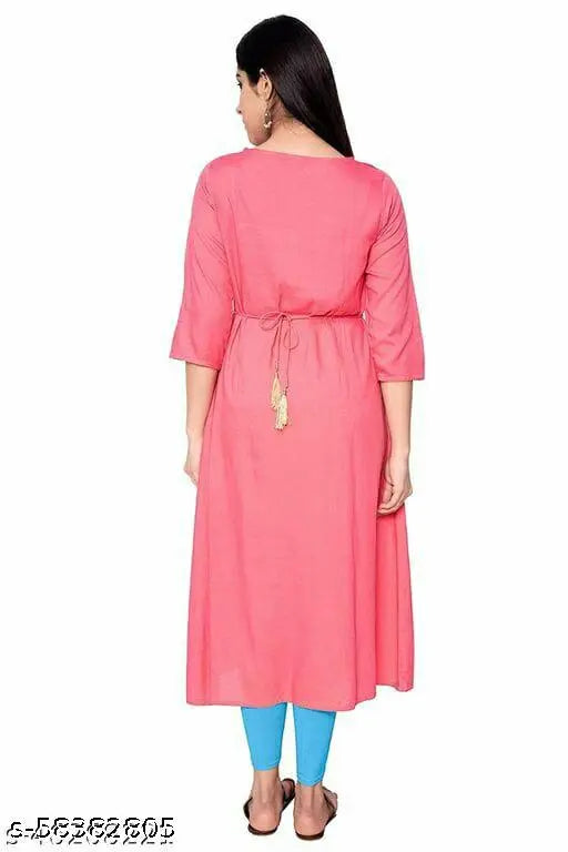 Rayon embroidered A-line kurta with three-quarter sleeves, vibrant pink color, traditional Indian women's fashion