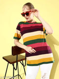 Multicolored striped cotton oversized T-shirt, short sleeves, patterned with Indian origin
