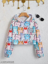 Cotton blend cat printed crop top hoodie for girls, long sleeves, vibrant design