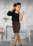 Multicolored cotton blend casual top & skirt for girls, embellished net design on skirt, long sleeves, various sizes from 1-2 to 10-11 years, made in India