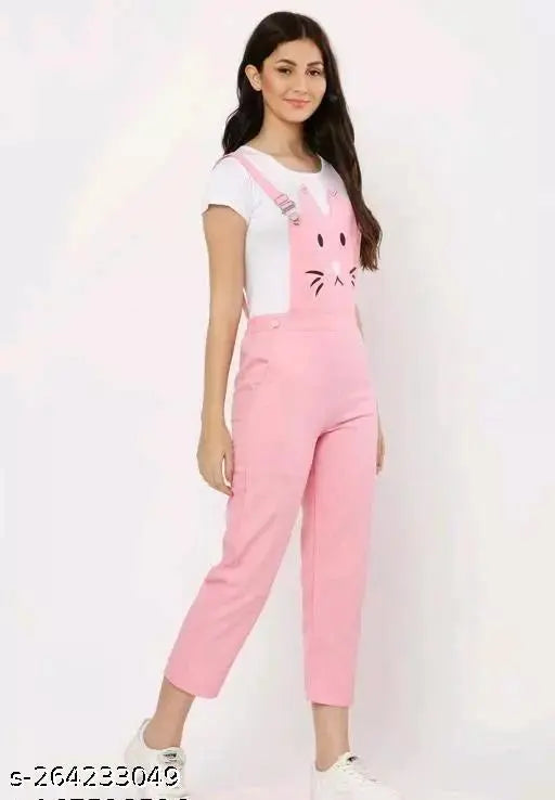 Cotton blend Persian pink jumpsuit for women with shirt, cat print on front and bottom pant style, comfortable fit, India origin