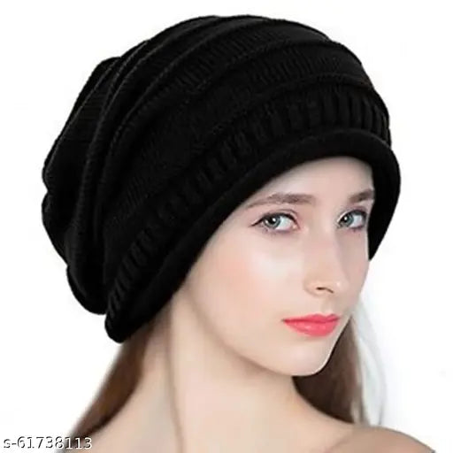 Black slouchy wool beanie for women, premium quality winter wear from India