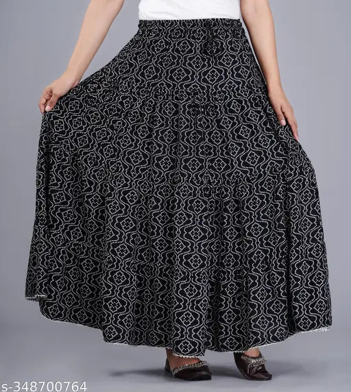 Black printed rayon long skirt for women on a mannequin, size 34/17in x 40in