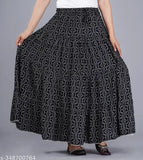 Black printed rayon long skirt for women on a mannequin, size 34/17in x 40in