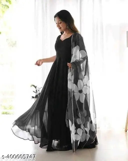 Premium Georgette Women's Anarkali Kurta & Dupatta Set, sleeveless, solid design, ideal for ethnic events, made in India