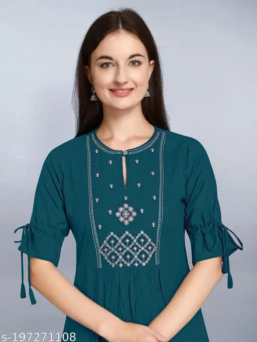 Rayon embroidered diya kurti, three-quarter sleeves, Indian ethnic wear for women