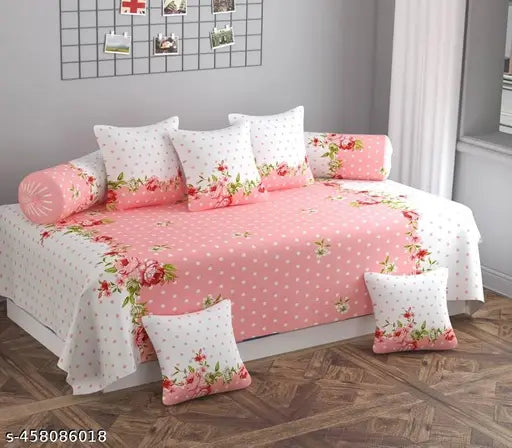Stylish floral cotton blend Diwan cover set: 1 bedsheet, 2 bolster covers, 5 cushion covers under budget