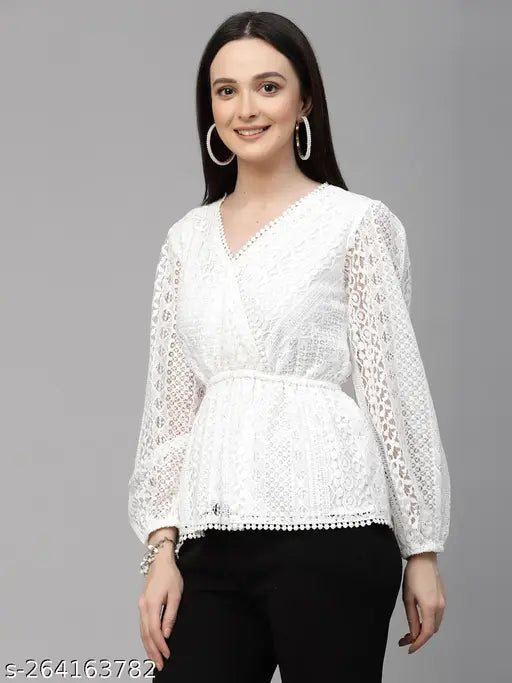 White cotton self-designed lace peplum top with long sleeves, V-neck, wrap-style design, and elastic waistband on India origin