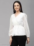 White cotton self-designed lace peplum top with long sleeves, V-neck, wrap-style design, and elastic waistband on India origin