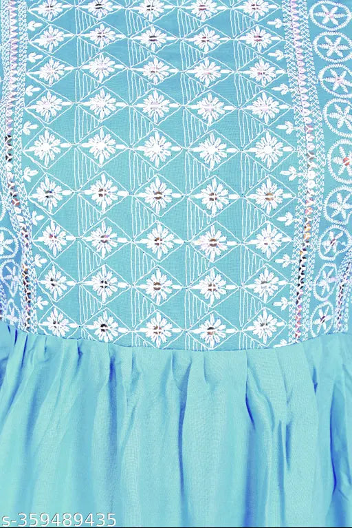 Sky Blue Rayon Nayra Cut Kurti & Pajama Set, three-quarter sleeves, solid print, Indian origin