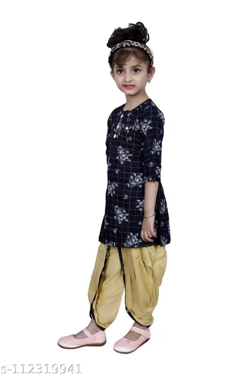 Navy Blue Designer Checked Patiala Suit for Girls - Hariyal Creation, 3-4 years, cotton silk anarkali with short sleeves. Indian ethnic kids wear in various sizes