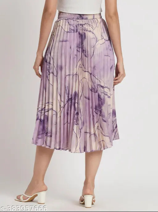 Exquisite printed polyester A-line MIDI skirt with flared hemline, timeless design for work, party, and formal occasions. Polyester net, size 28-38