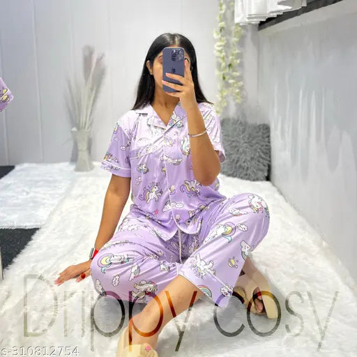Unicorn print silk-blend night suit, luxurious sleepwear with short sleeves and matching pajama bottoms, India origin