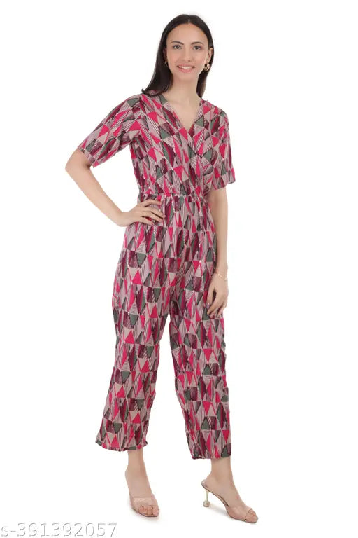 Rayon geometric print jumpsuit for women, loose-fitting V-neck with half sleeves, comfortable and stylish tribal self-design, perfect for various events