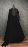 Olny royal embroidered georgette blend flared gown, embellished net, long sleeves, party wear, suitable for all seasons