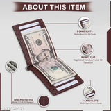 Brown PU men's money clip wallet, textured design, carries 7 cards, 2 secret slots, and 2 compartments for cash. Slim and compact for easy pocket fit. Premium artificial leather, perfect gift for all occasions. Handcrafted in India