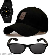 Black self-designed cotton baseball cap, Adidas Miller analog watch, and metal frame aviator sunglasses - sporty combo offer for men and boys