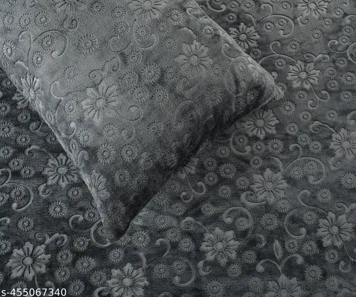 Grey Flannel Fitted Bedsheet (240 TC, Clovis Crafts): Superfine, warm, elastic design with ethnic motifs, ideal for heavy winter use in adult beds