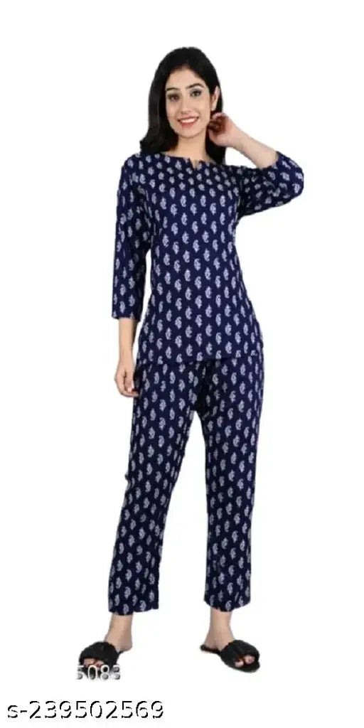 Dark Blue Rayon Night Suit with three-quarter sleeves and printed net design, showcasing ethnic Indian fashion style