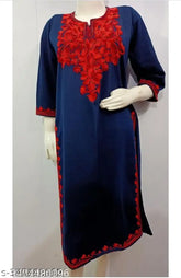 Woolen Winter kurti with embroidery, three-quarter sleeves, Indian handcrafted clothing