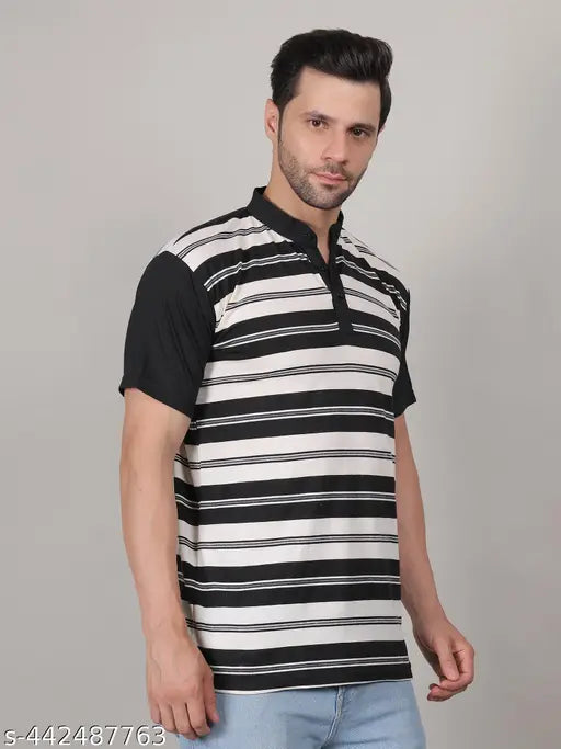 Men's cotton blend stripe half sleeve t-shirt with collar, black and white, polo collar, comfortable fit