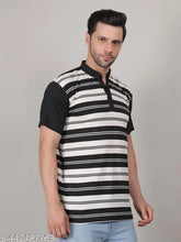 Men's cotton stripe half sleeve t-shirt with collar, black and white, soft texture, polo collar, India origin