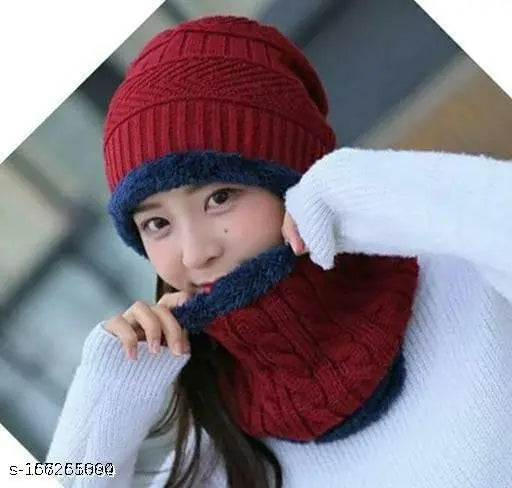 Woolen cap and neck muff combo with fur inside, trendy and warm for men, women (boys, girls). Made in India