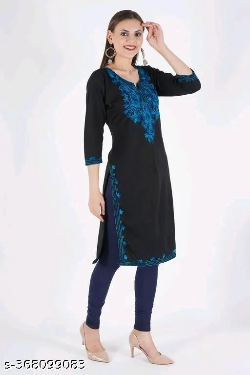Wool three-quarter sleeve printed Kurti for women, vibrant colors, Indian origin, M-XXXL sizes (M: 38in bust/42in length, L: 40in bust/42in length)