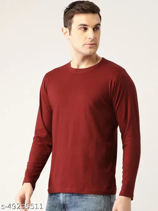 Organic Chics maroon full sleeve cotton men's t-shirt, solid design for gym wear and casual style
