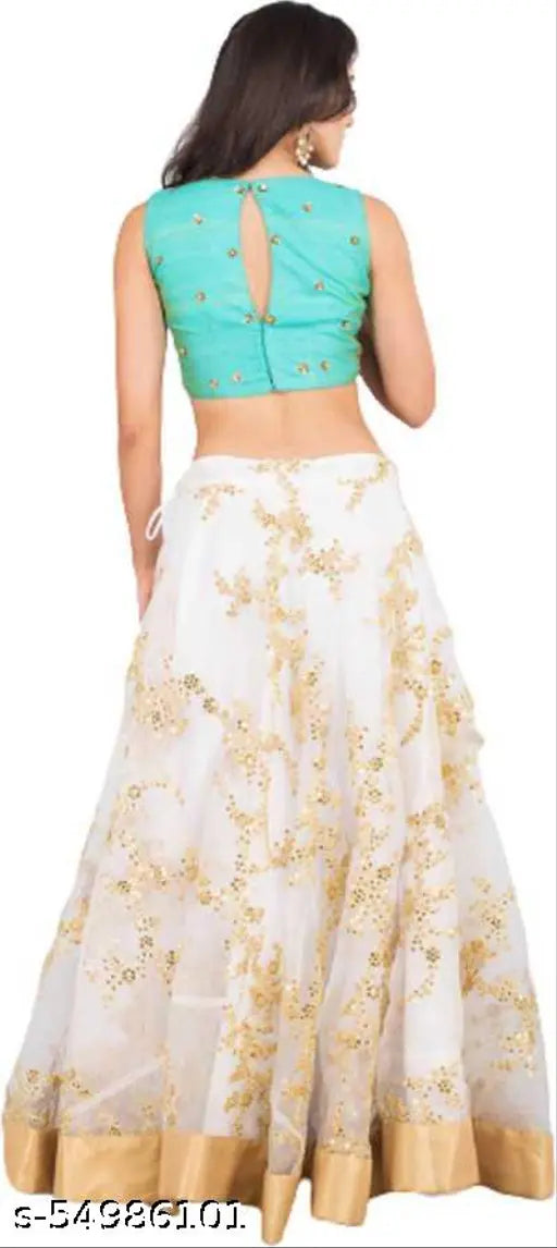 Fancy designer flared embroidered net Lehenga, silk blouse and embellished dupatta in India