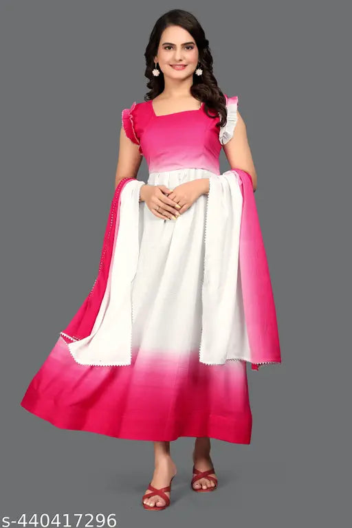 Multicolor digital-printed bamboo dressing gown with pink dupatta, sleeveless, full fit for women's party wear