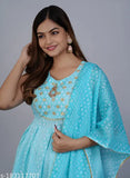 Blue embroidered rayon kurta, sharara set with dupatta for women - elegant palazzo pants, printed design, stitched net - enhances ethnic wardrobe