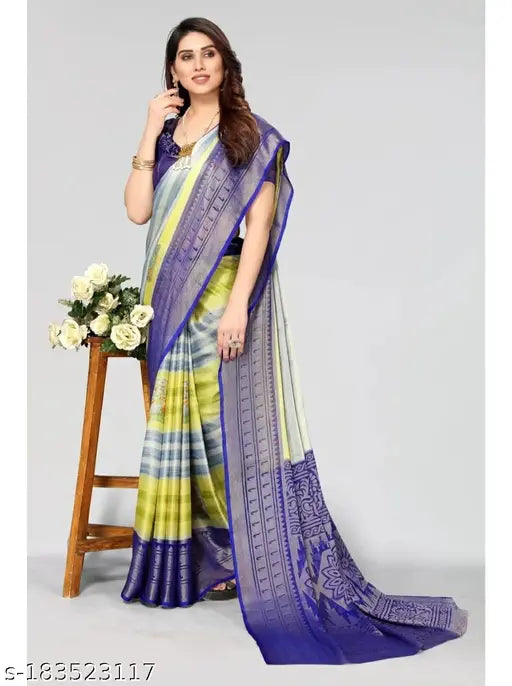 Striped Brasso chiffon saree with semi-stitched blouse, Indian fashion for parties and weddings