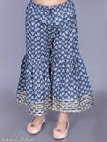 Grey cotton hand block print Anarkali/Flared Kurta & Sharara Set for girls, featuring intricate embellishments and authentic Indian fabric. Perfect for special occasions or festive celebrations, available in sizes from 2-3 Years to 13-14 Years. Made in India